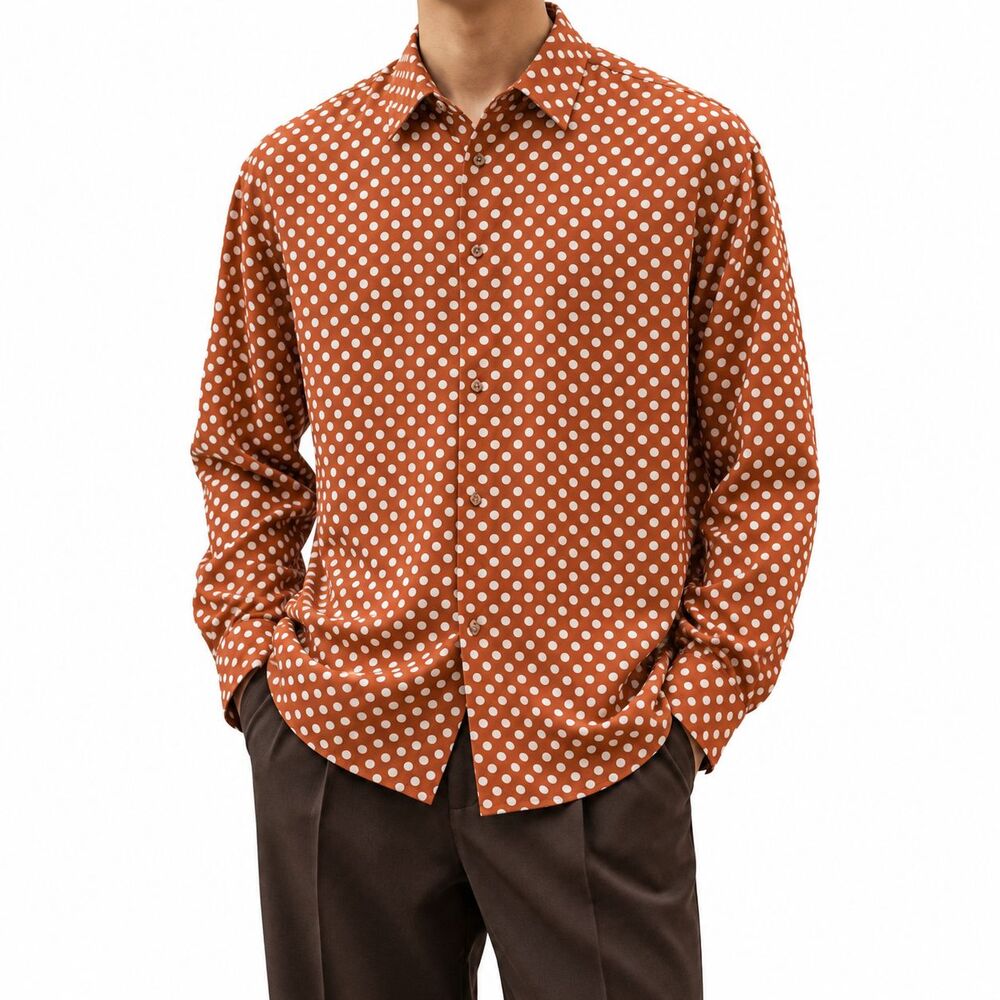 Mens Large Rust White Polka Dot Silky Polyester Long Sleeve Button Up Shirt NWT